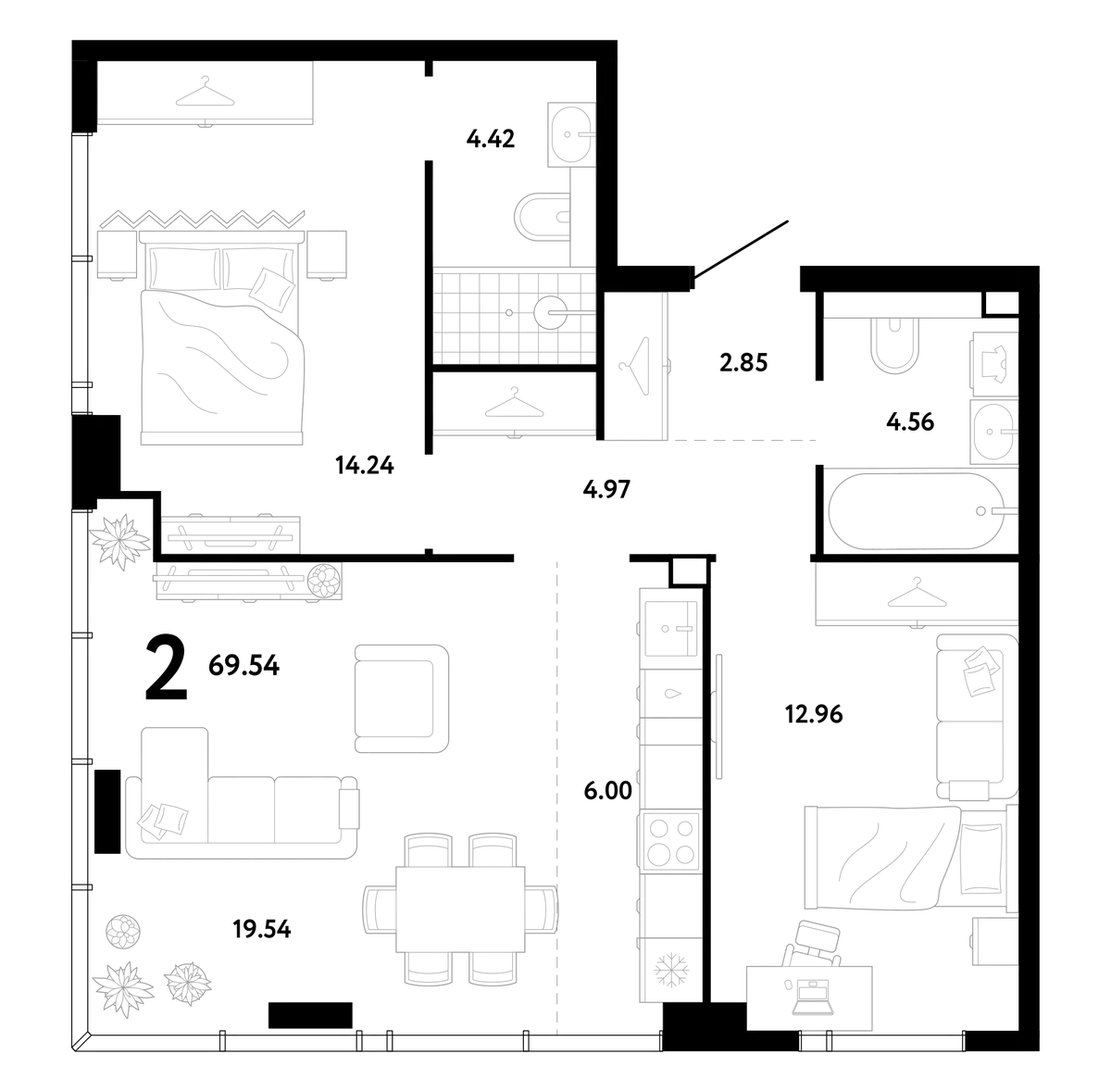 Планировка: двухкомнатная 69,54 м² в ЖК Ридж