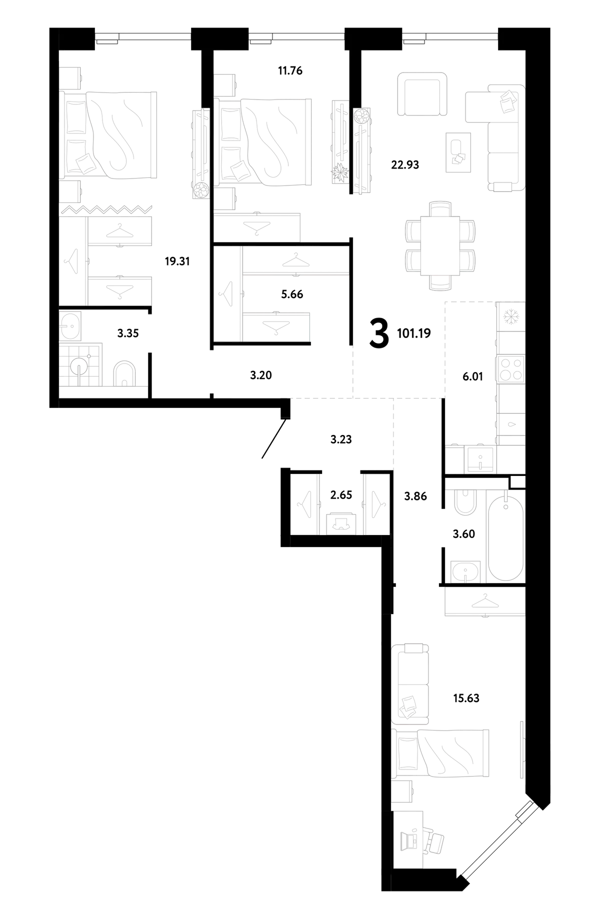 Планировка: трёхкомнатная 101,19 м² в ЖК Ридж